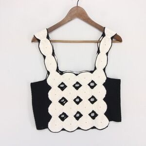 Alpha Studio Crochet Tank Womens 42 Black White Linen Cotton Knit Crop Open